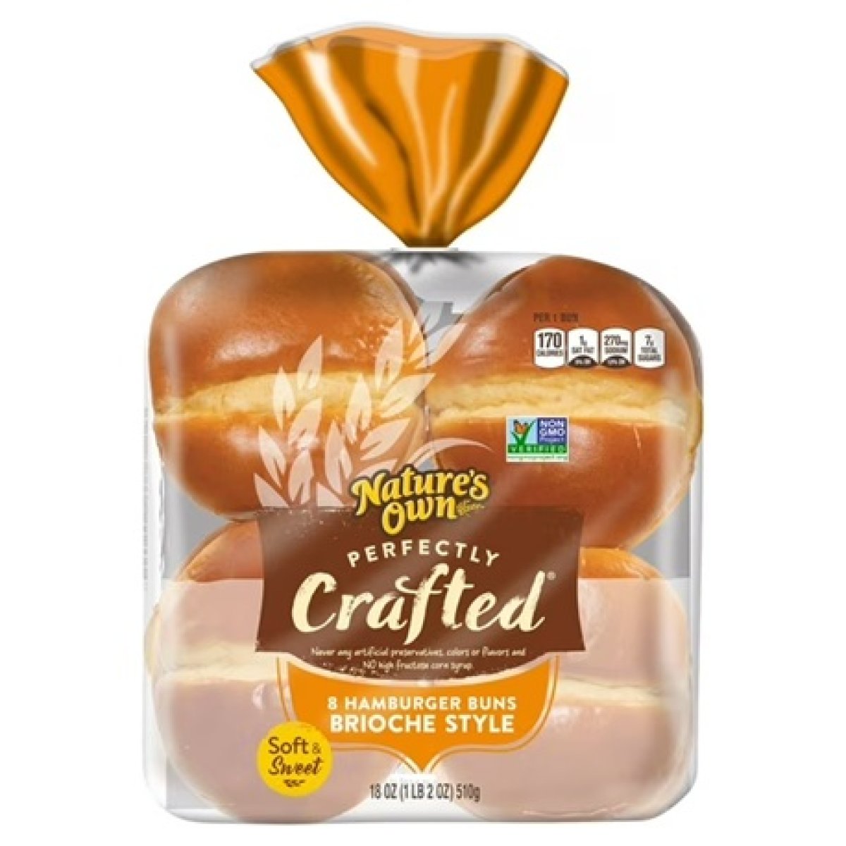 Nature's Own Perfectly Crafted Brioche Style Hamburger Buns, 8 Ct, Shelf-Stable