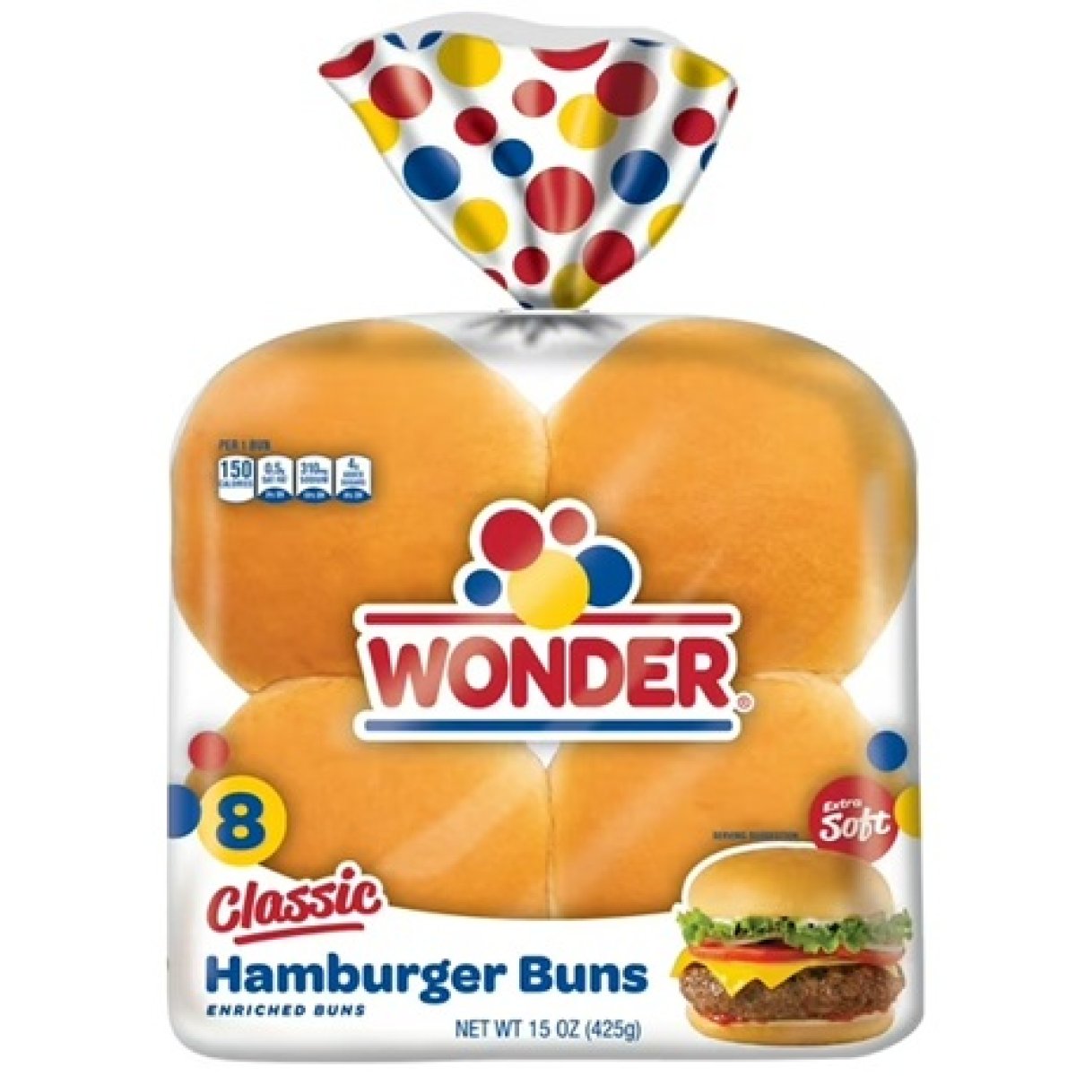 Wonder Bread Classic Extra Soft White Bread Hamburger Buns, 15 oz, 8 Ct, Shelf-Stable