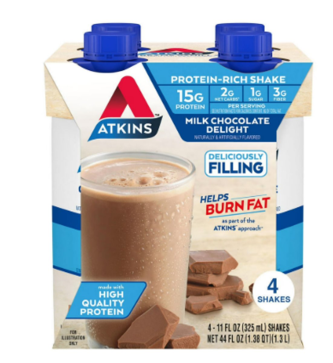 Atkins High Protein Shake with Chocolate Flavor, Low Sugar, Low Carb, Ketogenic Protein Shake, 4 Units