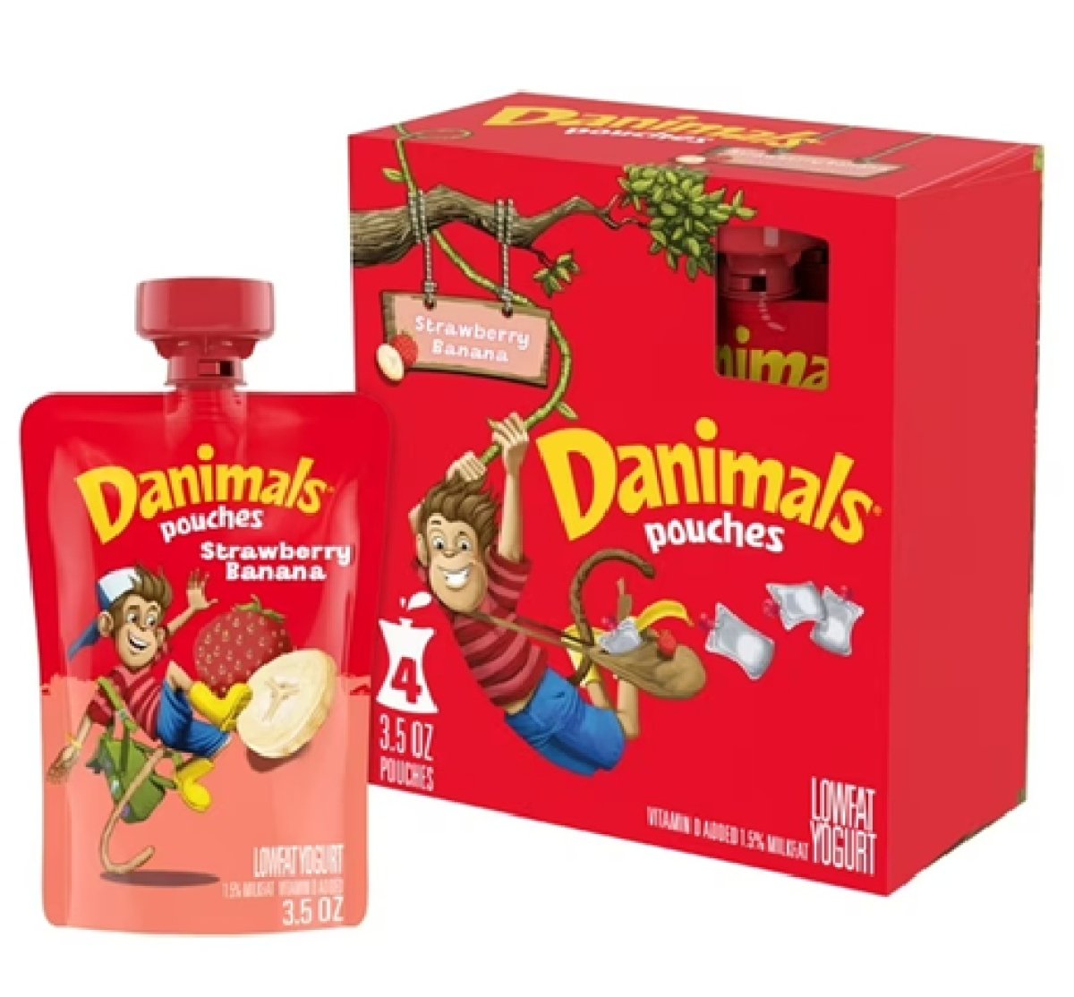 Danimals Squeezable Yogurt Pouches with Strawberry and Banana, Low Fat, 3.5 oz, 4 Units