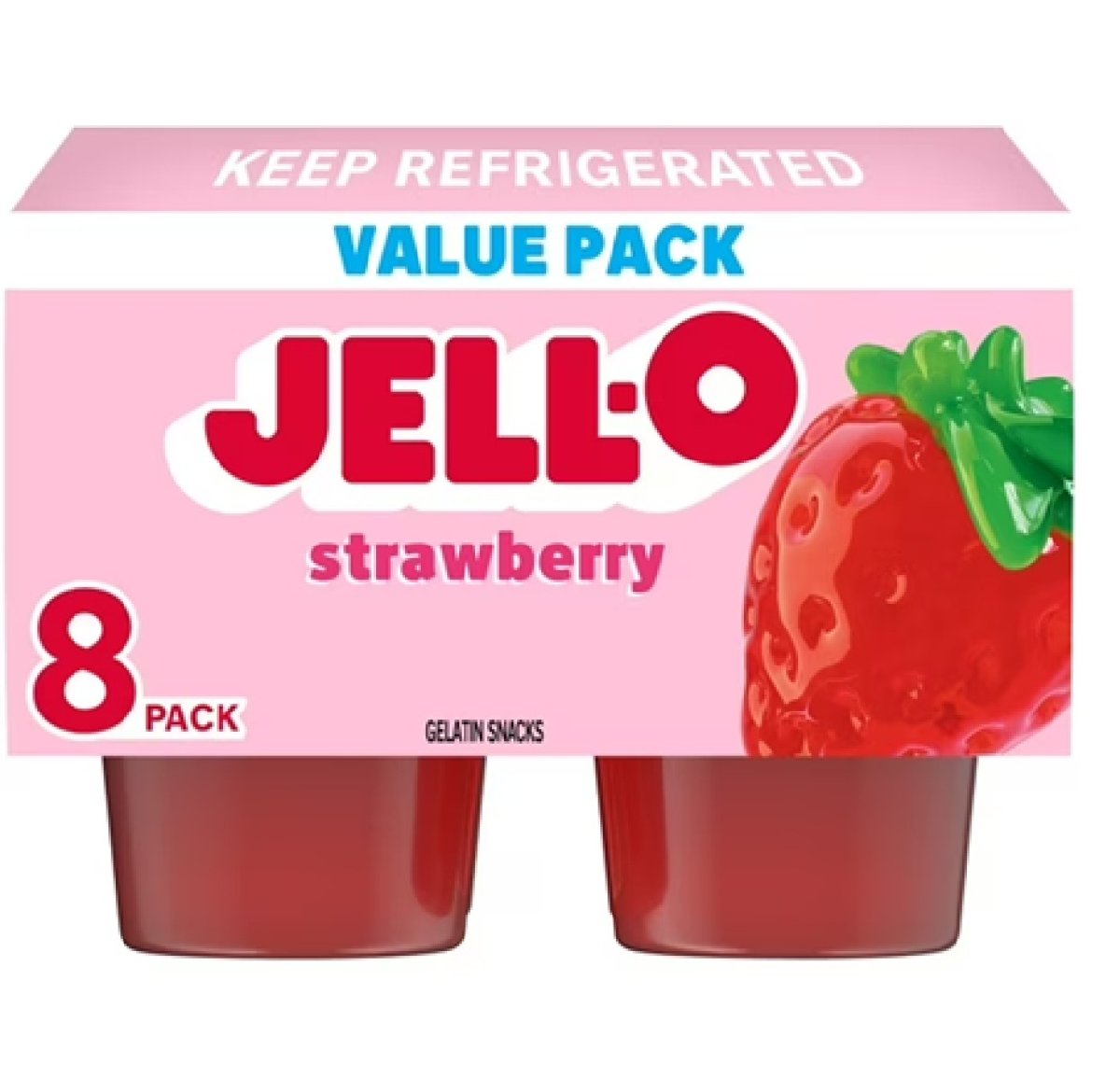 Jell-O Sugar-Free Strawberry Gelatin Cups Value Pack of Gelatin Snacks, 8 Count Cups