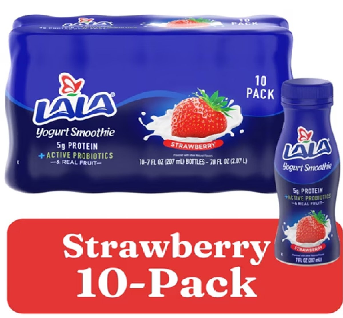 LALA Probiotic Protein Yogurt Shake Drink, Low Fat, Strawberry, 7 oz Plastic Bottle (10 Units)