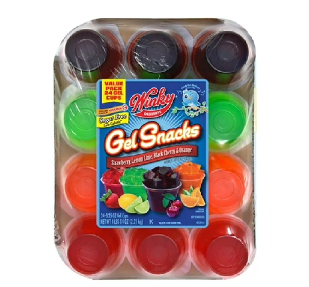 Winky Brand Sugar-Free Gelatin, Strawberry, Lime-Lemon, Orange, Cherry, 24 Plastic Cups, Refrigerated, Gluten-Free