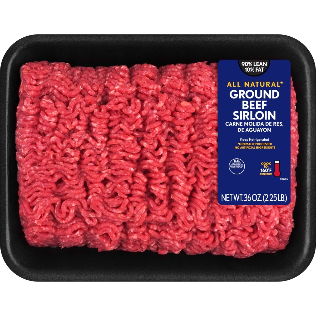 Ground Beef Sirloin 90% Lean / 10% Fat, 2.25 lb Tray, Fresh, All Natural