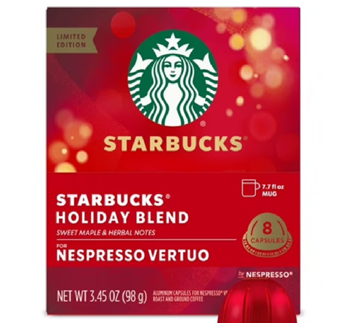 Starbucks Holiday Blend Starbucks Nespresso Vertuo Medium Roast Capsules, 8 Units