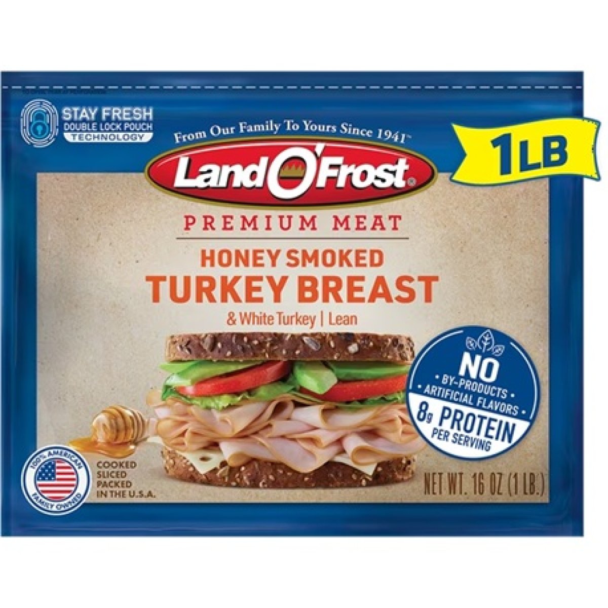 Land O'Frost Premium Sandwich Sliced Deli Lunch Meat, Honey Smoked Turkey Breast, 1 lb Resealable Pouch
