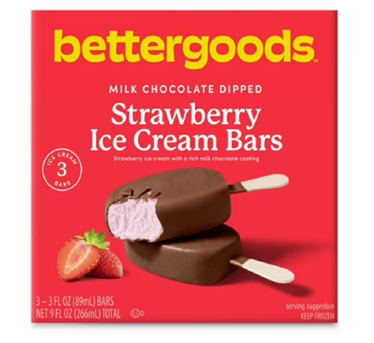 bettergoods Strawberry Ice Cream Bars Dipped in Milk Chocolate, 3 fl oz, 3 Pack