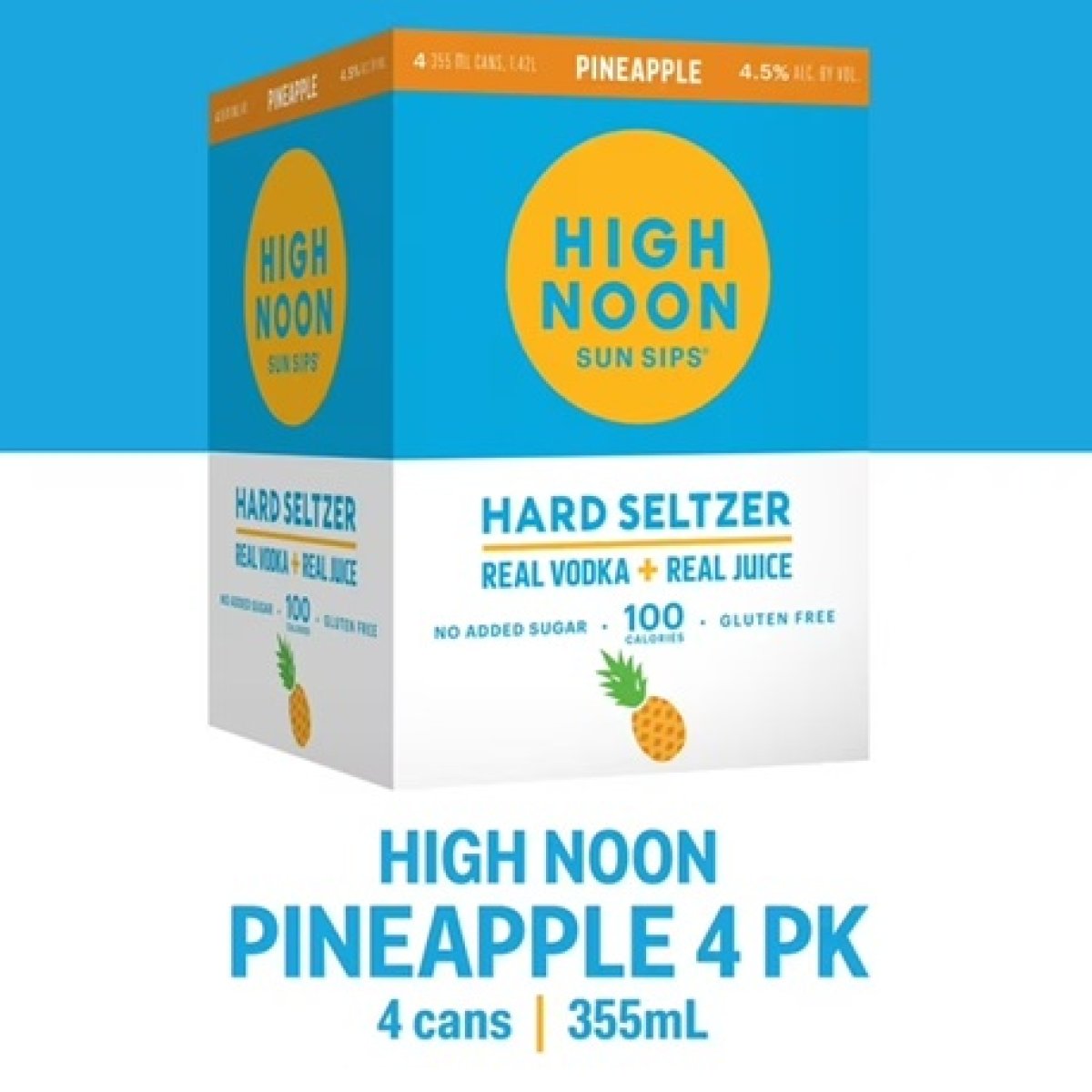 High Noon Pineapple Vodka Hard Seltzer 4-Pack, 12 fl oz Individual Cans, 355 ml Serving Size