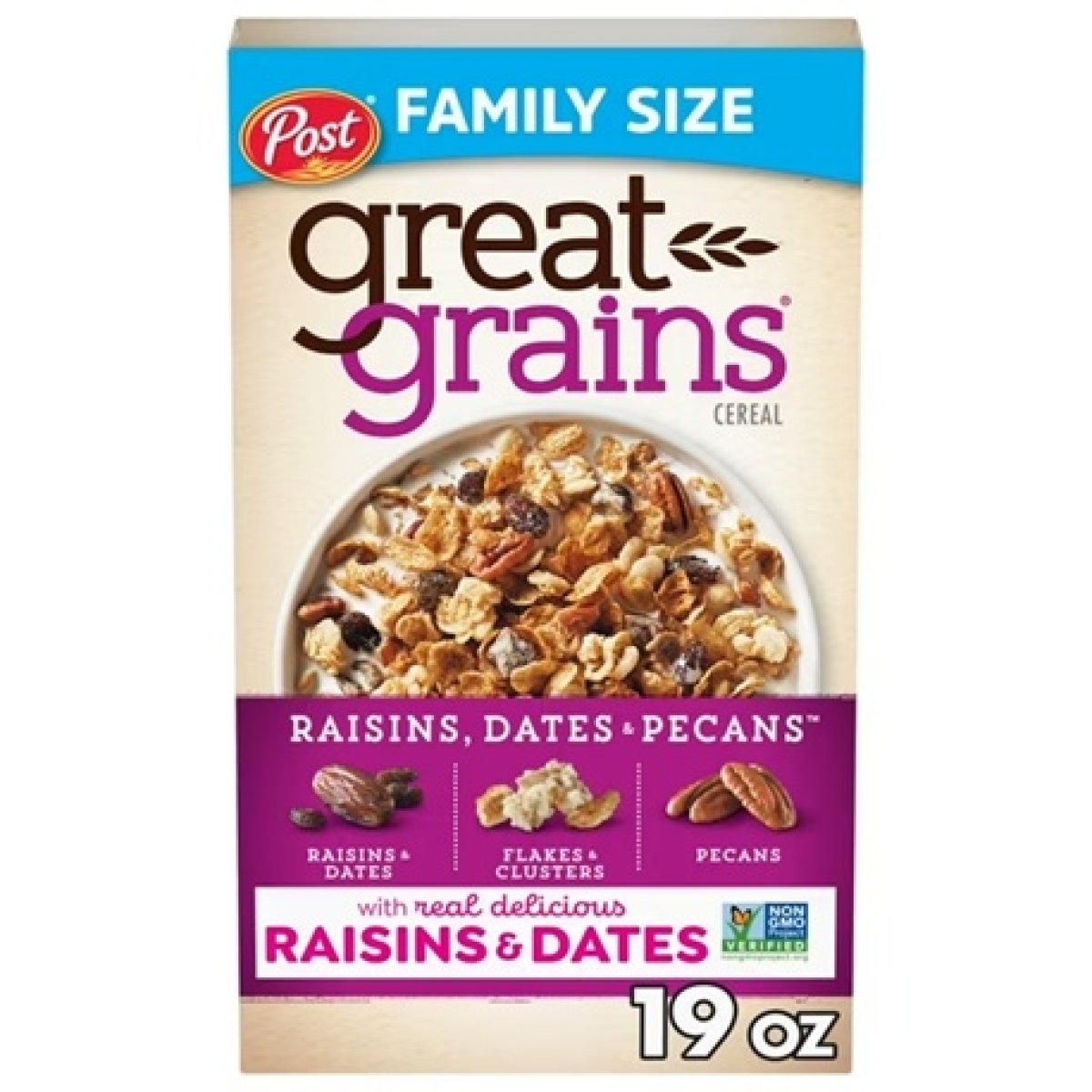 Post Great Grains Breakfast Cereal with Raisins, Dates, and Walnuts, Non-GMO Project Verified, Heart Healthy, Low Fat, Whole Grain Cereal, 19 Ounces