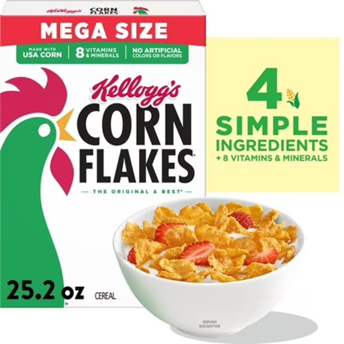 Kellogg's Corn Flakes Breakfast Cereal, 8 Vitamins and Minerals, Healthy Snacks, Original, Mega Size, 25.2 oz Box (1 Box)