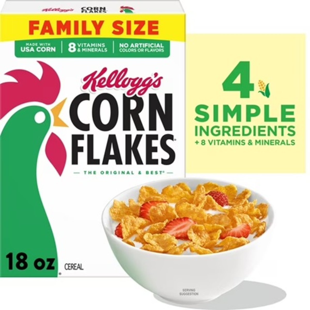 Kellogg's Corn Flakes Breakfast Cereal, Children's Cereal, Family Breakfast, Family Size, Original, 18 oz Box (1 Box)