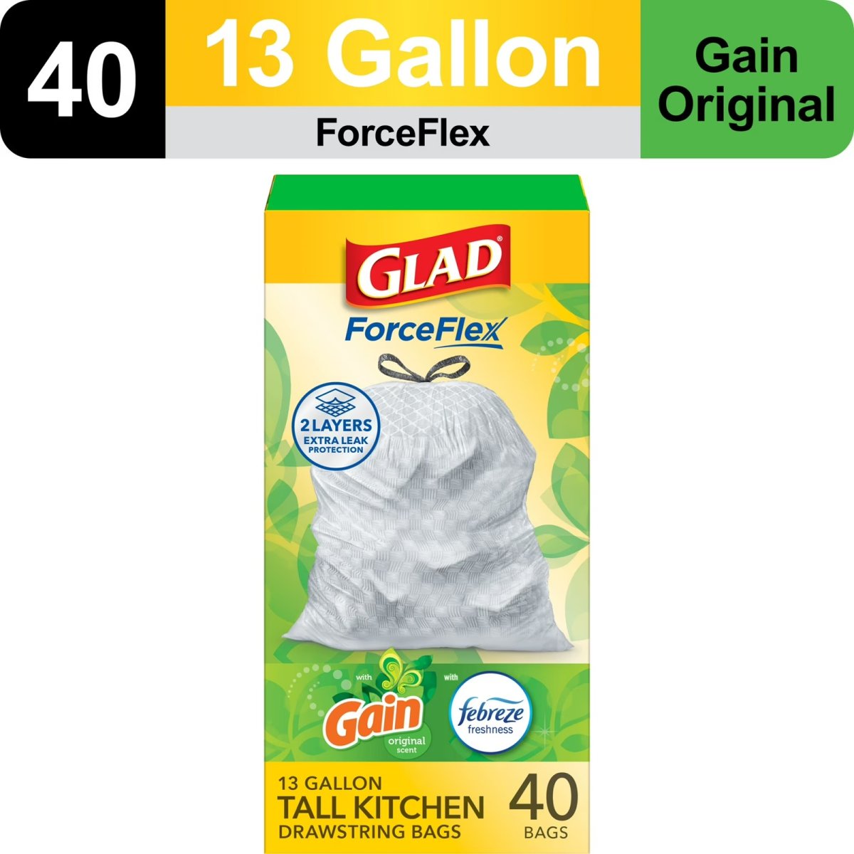 Glad ForceFlex Tall Drawstring Kitchen Trash Bags, 13 Gallons; Febreze Originality with Freshness, 40 Count