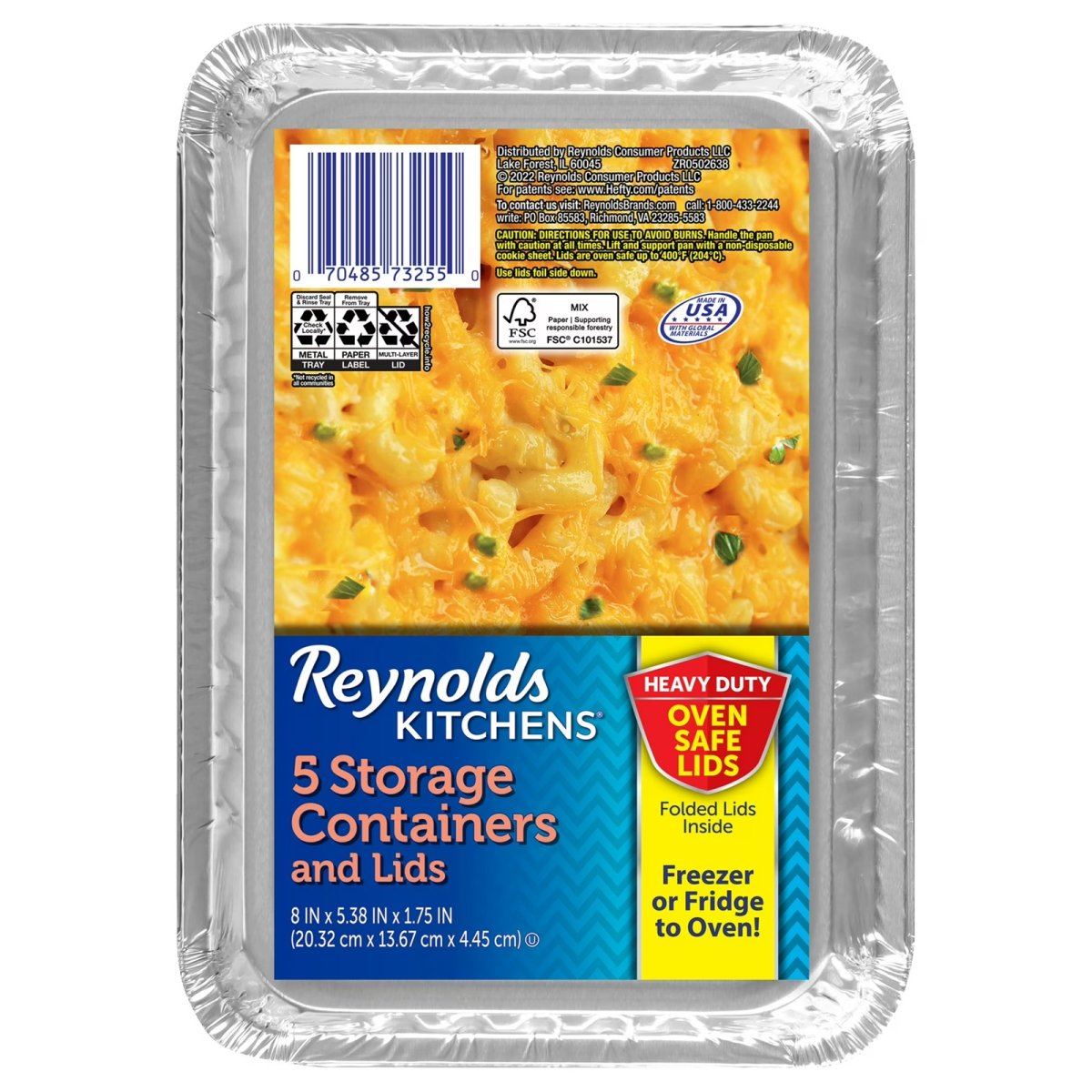 Reynolds Kitchens Aluminum Food Storage Containers with Oven-Safe Lids, 8 x 5.38 Inches, 5 Pack