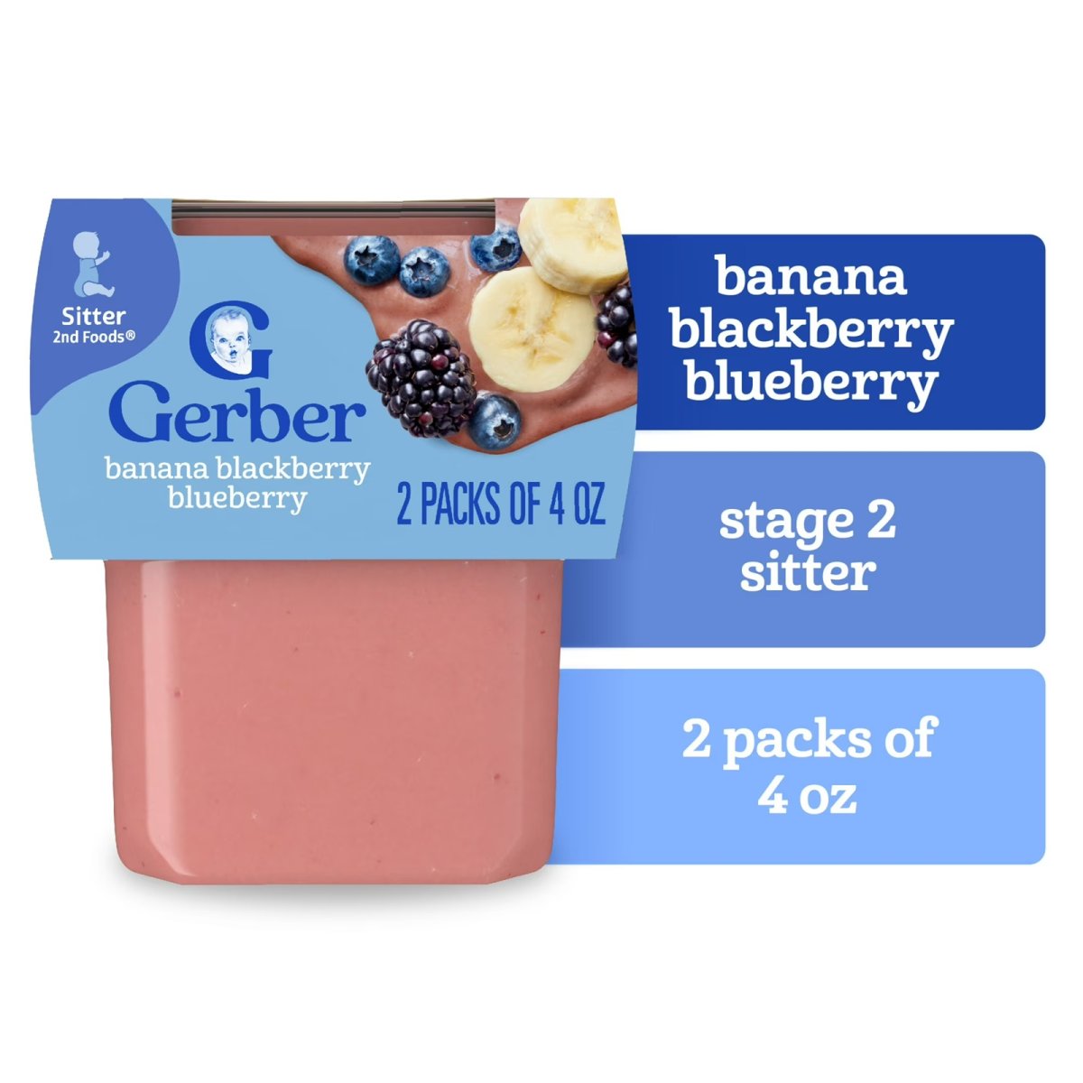 Gerber 2nd Foods Baby Food, Banana Blackberry Blueberry, 4 oz Tubs (2 Pack)