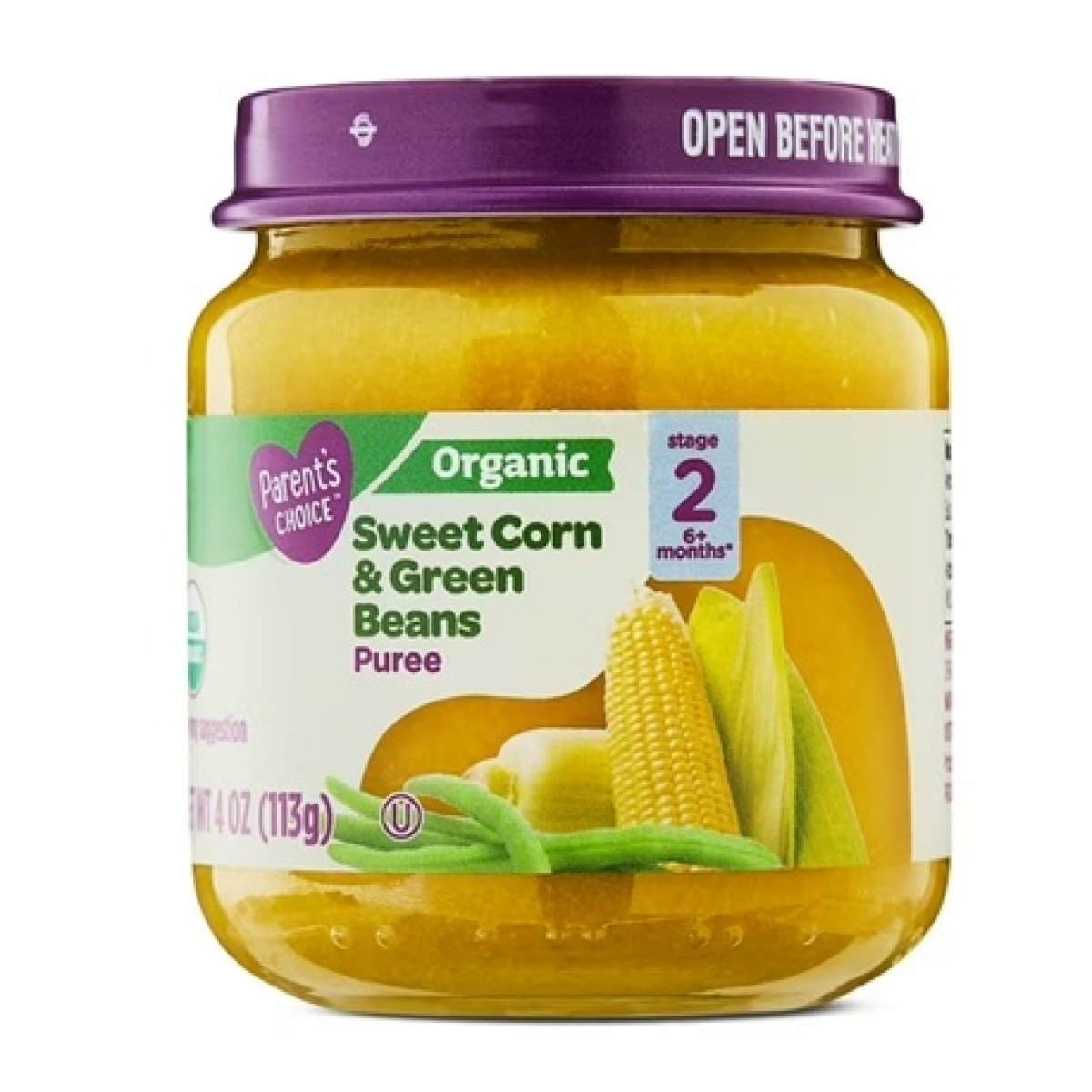 Parent's Choice Organic Stage 2 Baby Food, Sweet Corn & Green Beans, 4 oz Jar