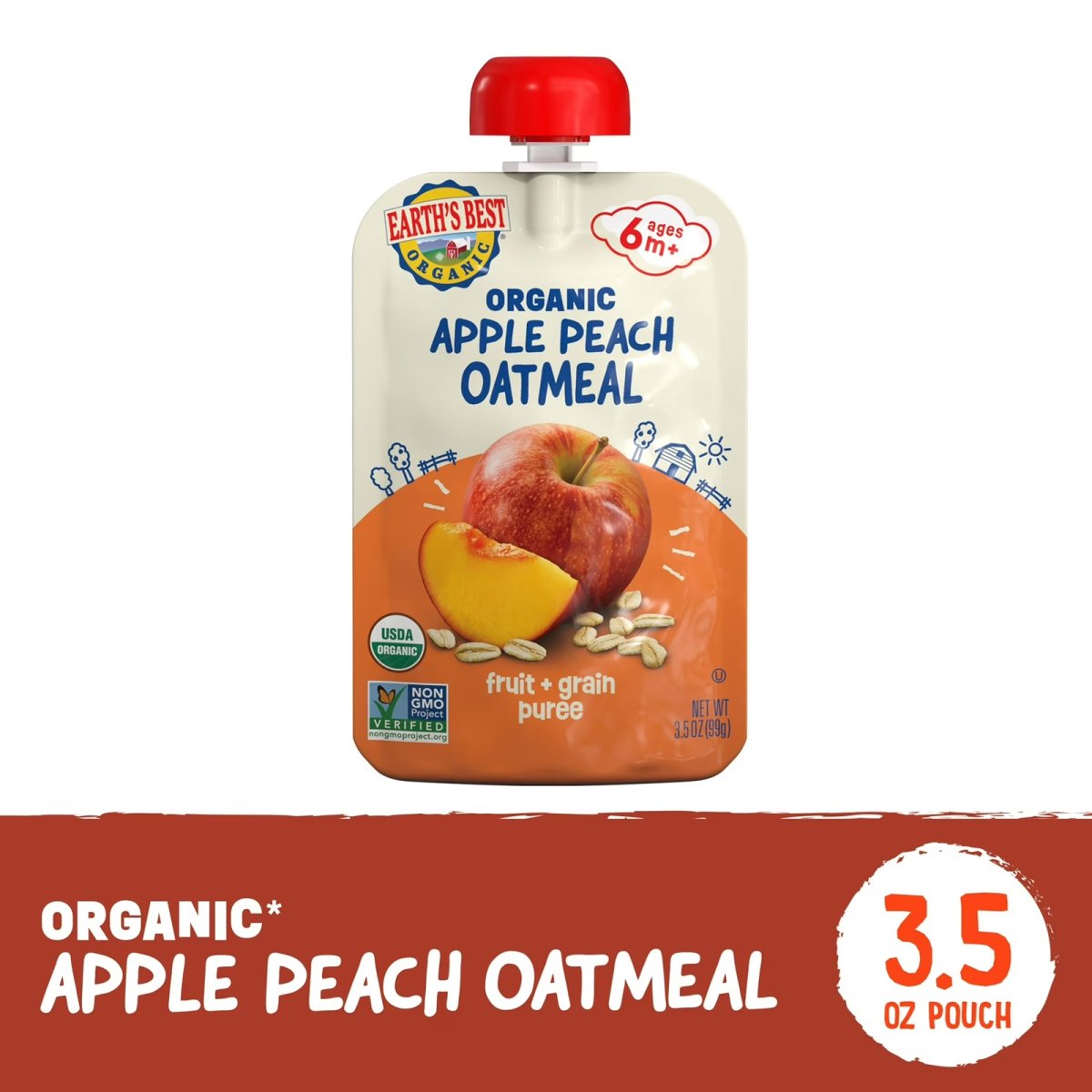 Earth's Best Organic Stage 2 Baby Food, Apple Peach Oatmeal Fruit & Grain Puree, 3.5 oz Pouch