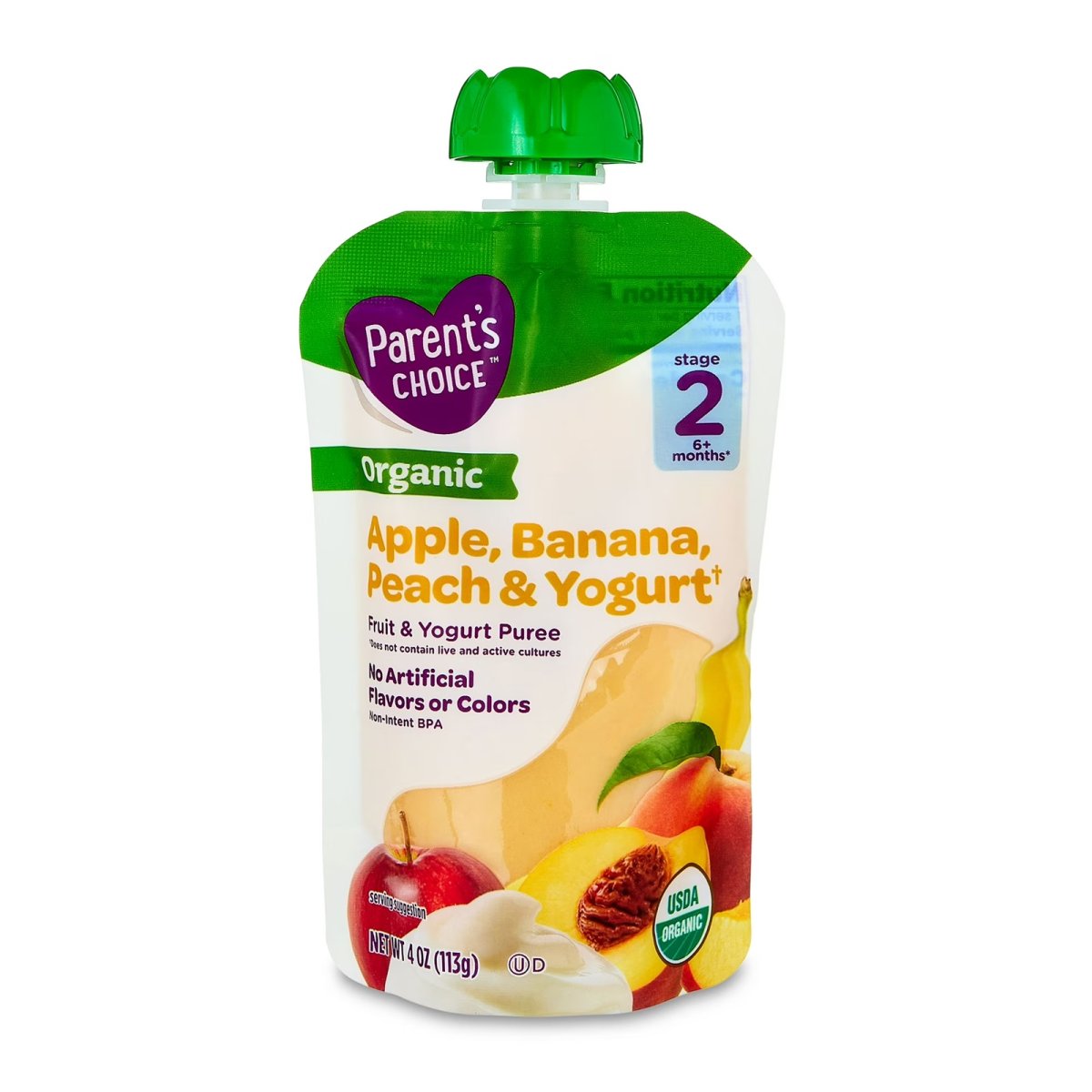 Parent's Choice Organic Stage 2 Baby Food, Apple, Banana, and Peach Fruit and Yogurt Puree, 4 oz Pouch