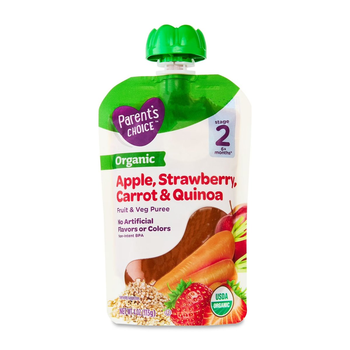 Parent's Choice Organic Stage 2 Baby Food, Apple, Strawberry, Carrot, and Quinoa Puree, 4 oz Pouch