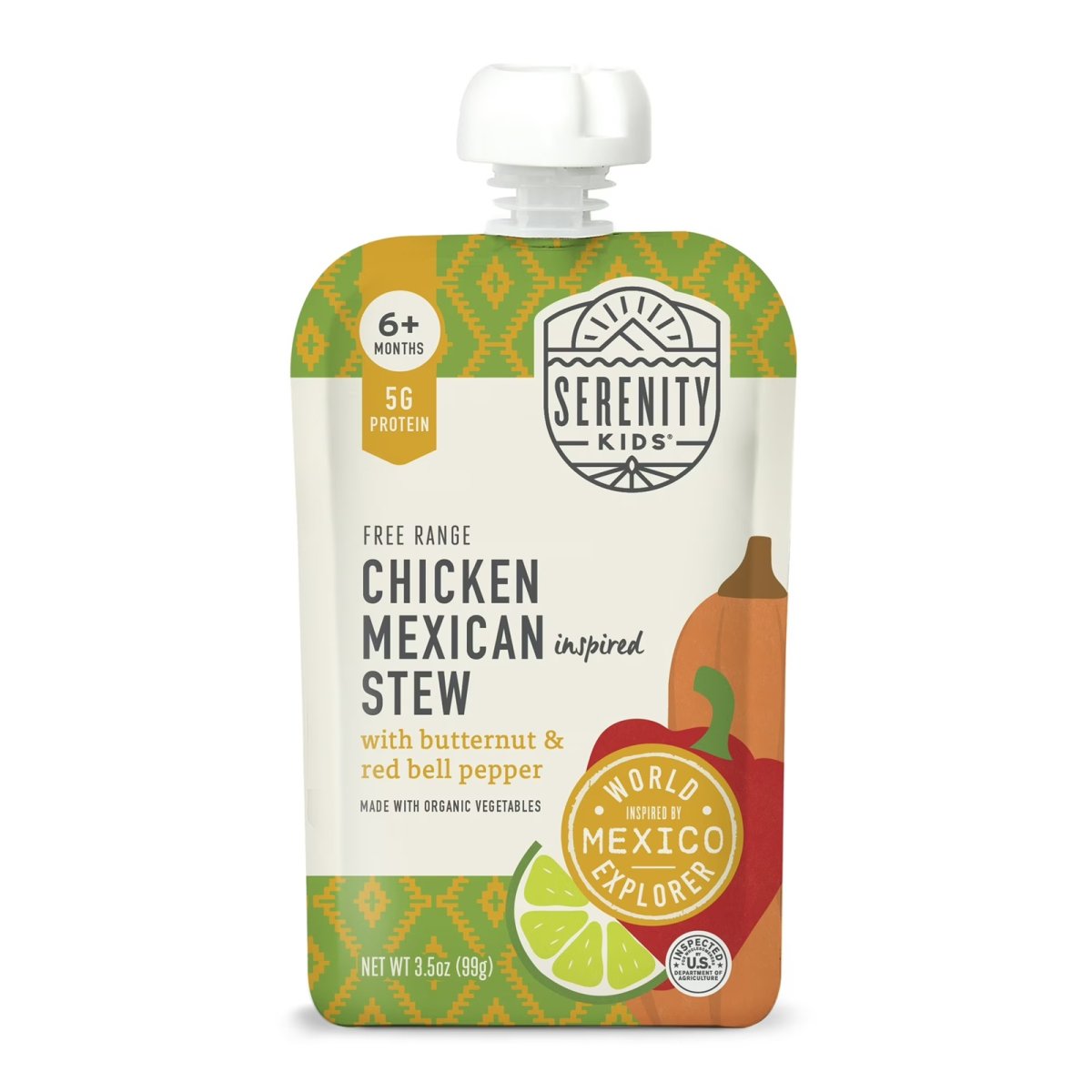 Serenity Kids Free Range Chicken Mexican Inspired Stew Stage 2 Baby Food, Organic Veggies & Spices, 3.5oz Pouch