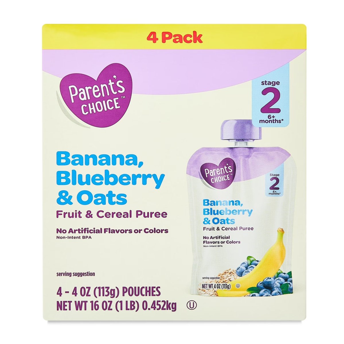 Parent's Choice Stage 2 Baby Food, Banana Blueberry Oats Fruit and Cereal Puree, 4 oz Pouch (4 Pack)