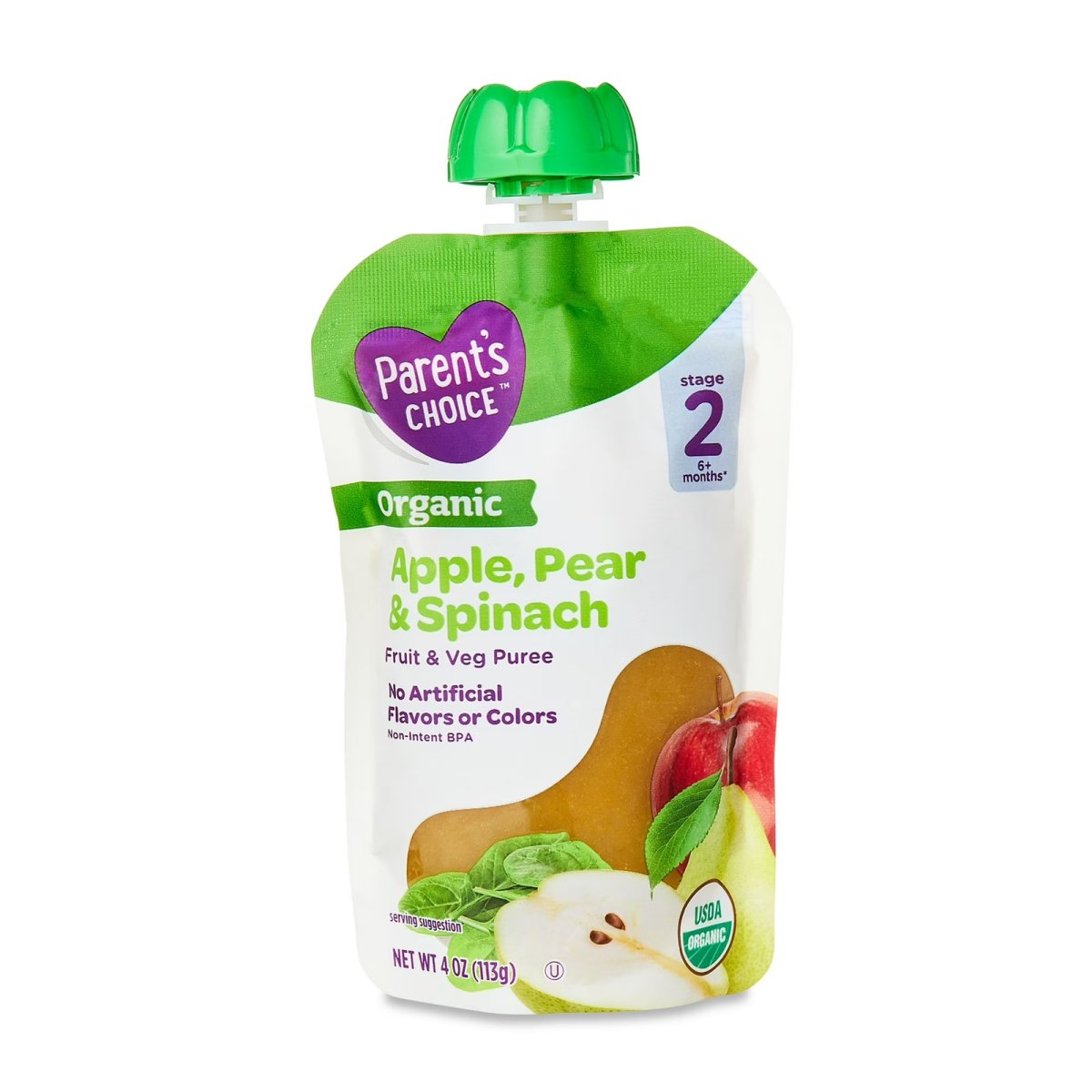 Parent's Choice Organic Stage 2 Baby Food, Apple Pear Spinach, 4 oz Pouch