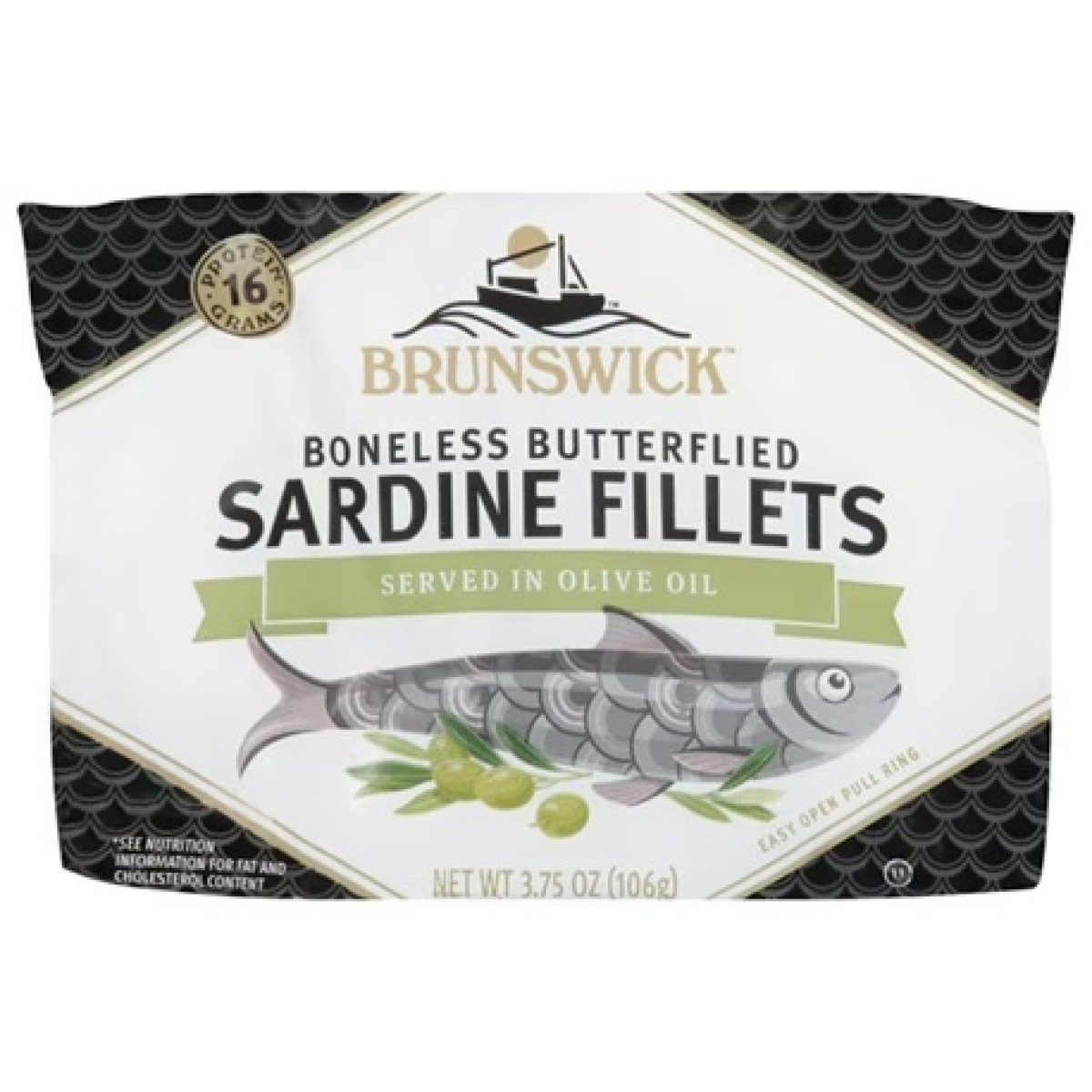 Brunswick Sardines in Olive Oil, Boneless Herring Fillets and Butterflies, Wild Caught, Gluten Free, 16g of Protein per Serving, Shelf-Stable Can, 3.75 oz