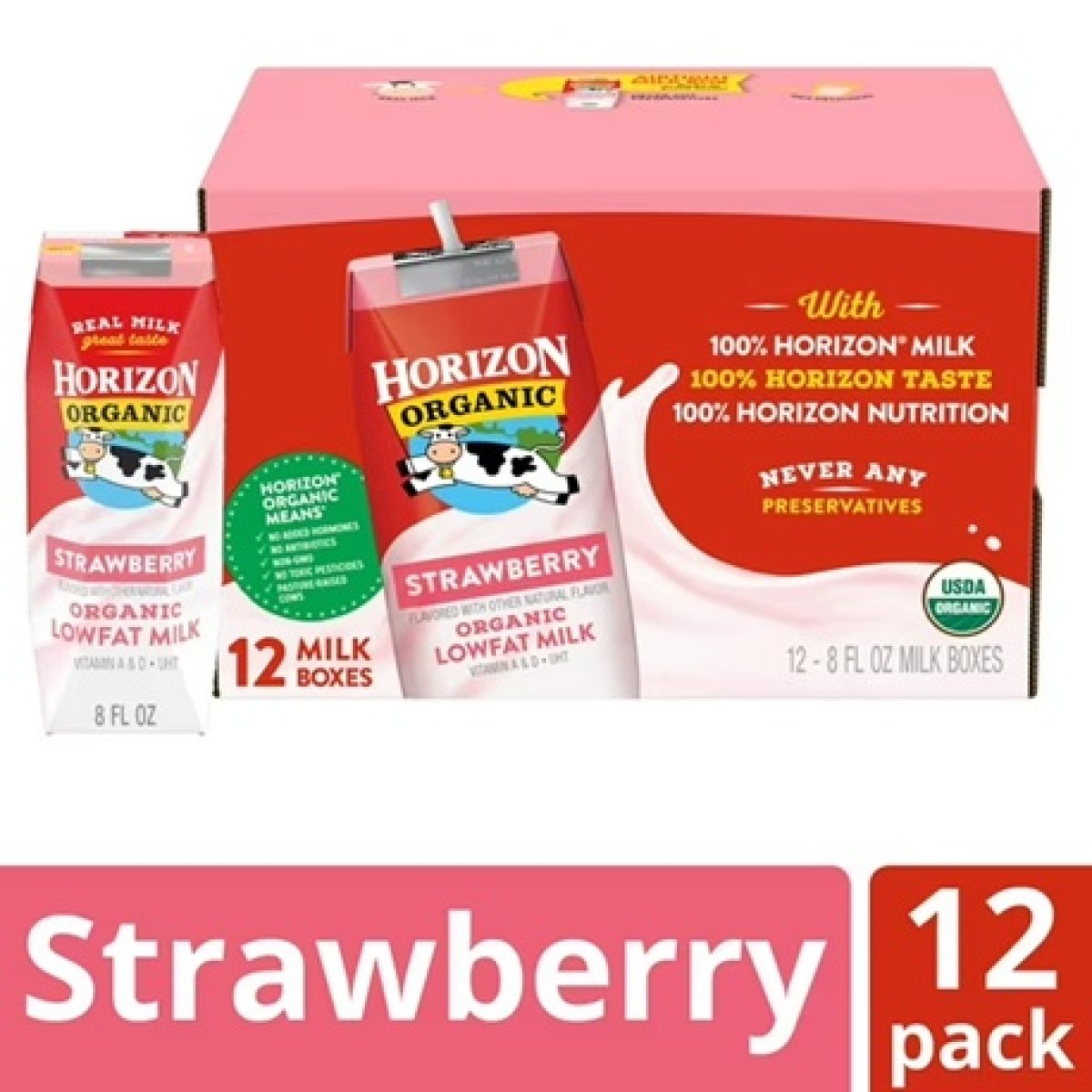 Horizon Organic 1% Low Fat Milk Cartons, Strawberry Flavor, 8 fl oz, 12 Pack