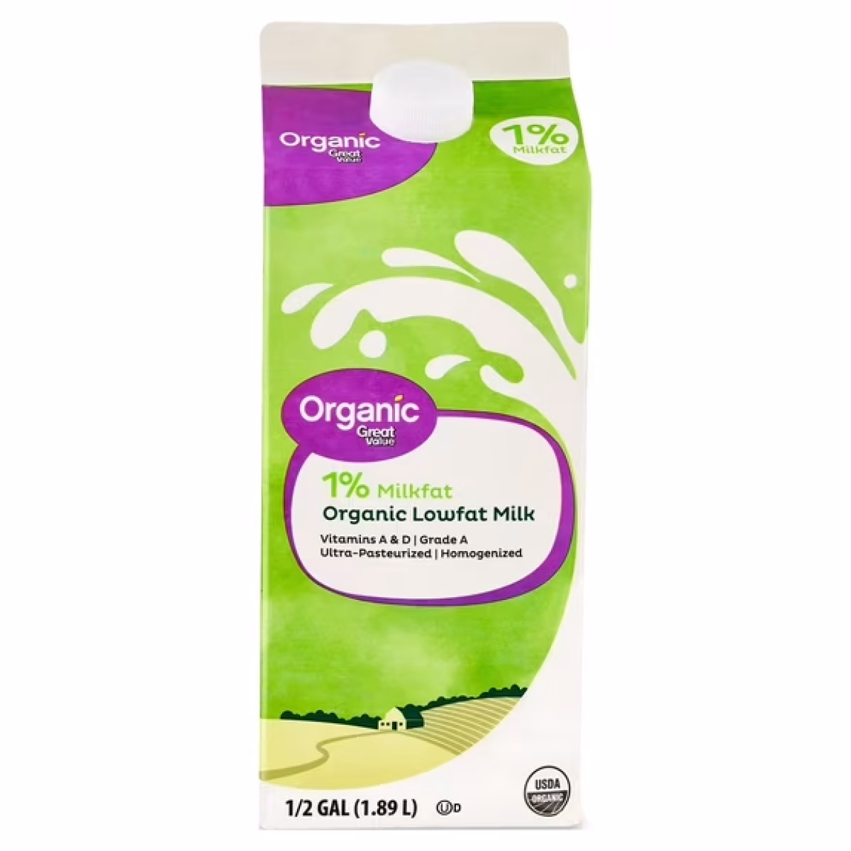 Great Value Organic 1% Low Fat Milk, Half Gallon, 64 fl oz