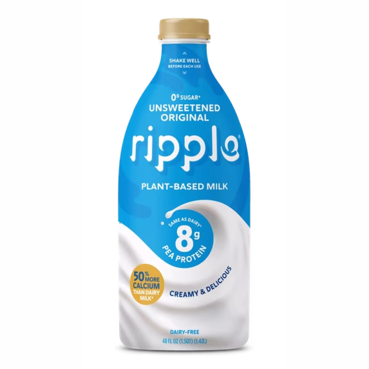 Ripple Unsweetened Original Refrigerated Plant-Based Milk, 48 fl oz Bottle, 8g Protein, Dairy-Free, No Added Sugar