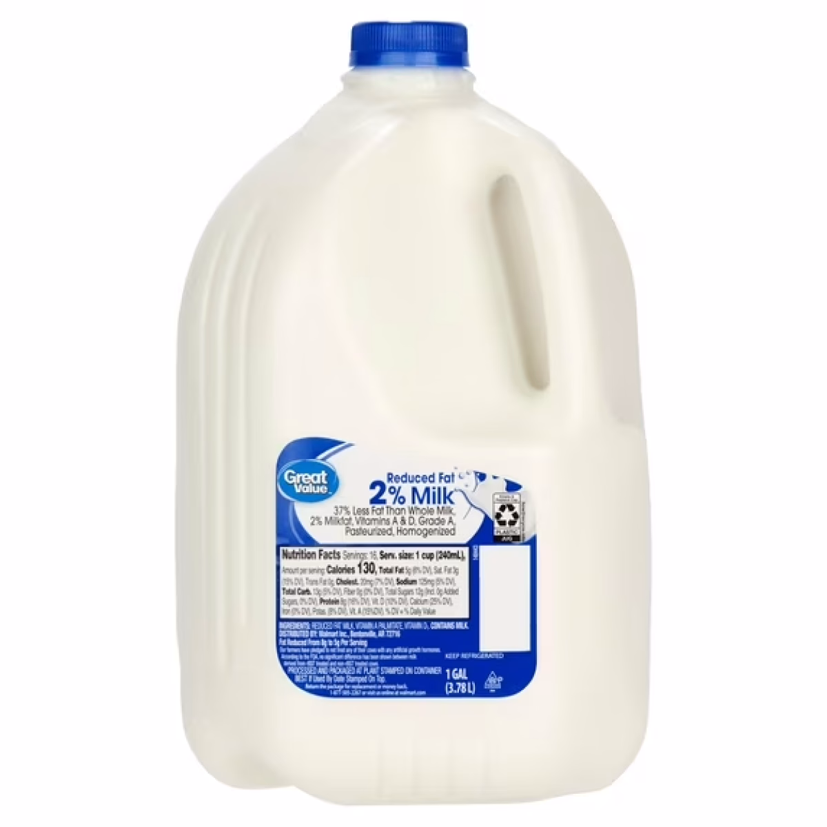 Great Value, 2% Reduced Fat Milk, Gallon, Refrigerated