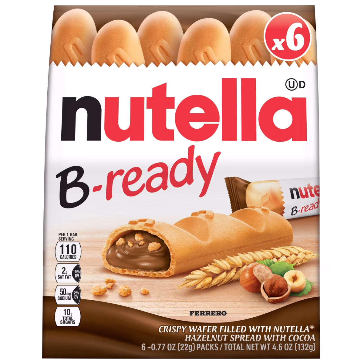 Nutella B-ready Wafer Bars, Hazelnut Spread with Cocoa Snack Bar, 6 Pack, 4.6 oz