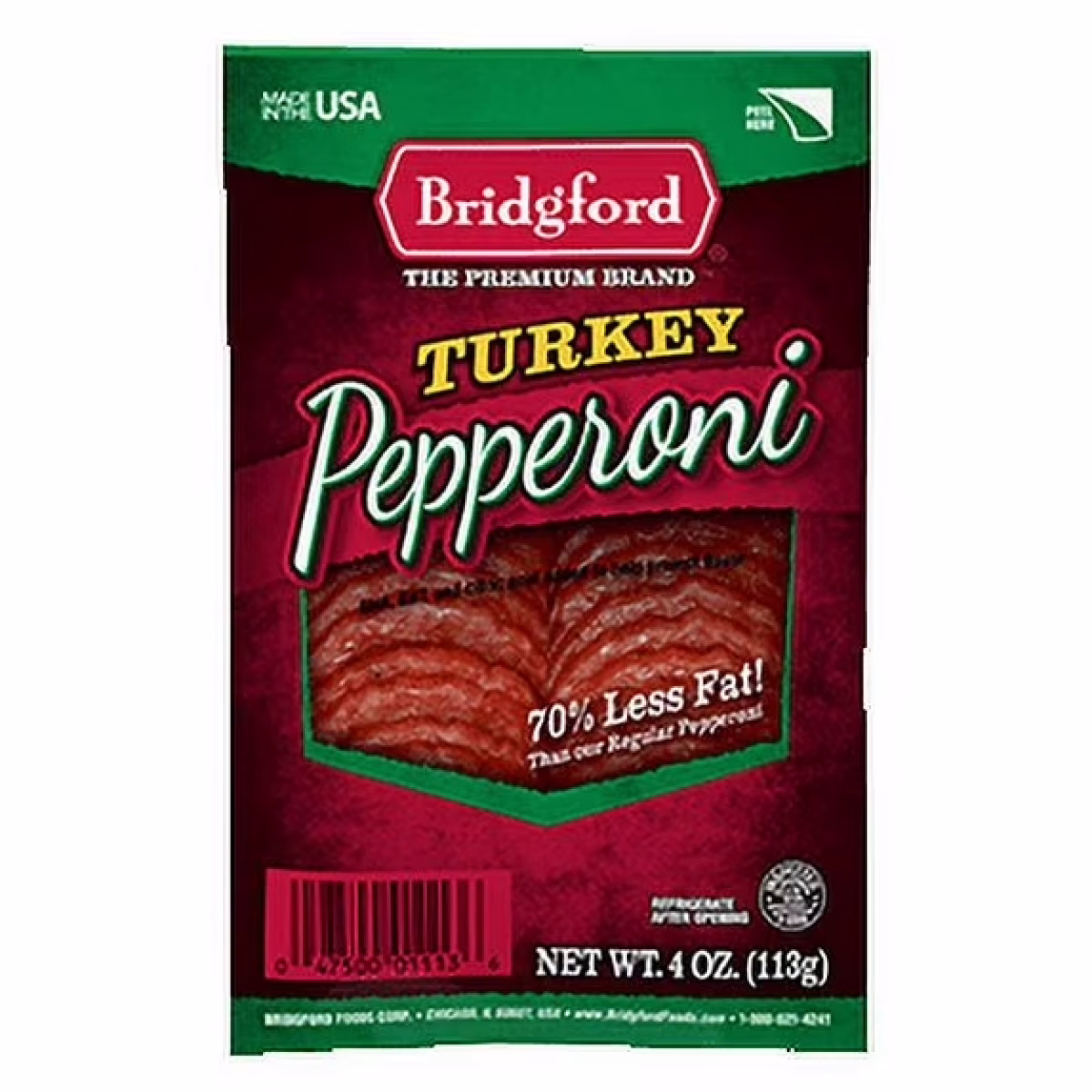 Bridgford Sliced Turkey Pepperoni - 4 oz pack, Gluten-Free, Refrigerated, Resealable Bag