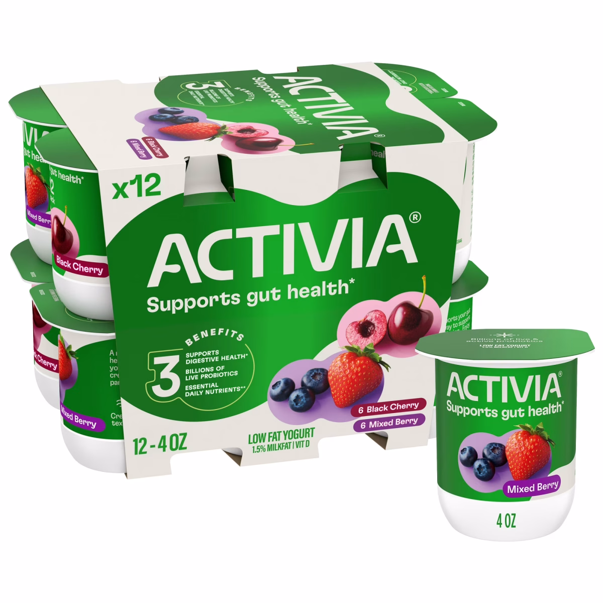 Activia Black Cherry and Mixed Berry Low Fat Probiotic Yogurt Cups Variety Pack, Helps Support Gut Health, 4 oz, 12 Count