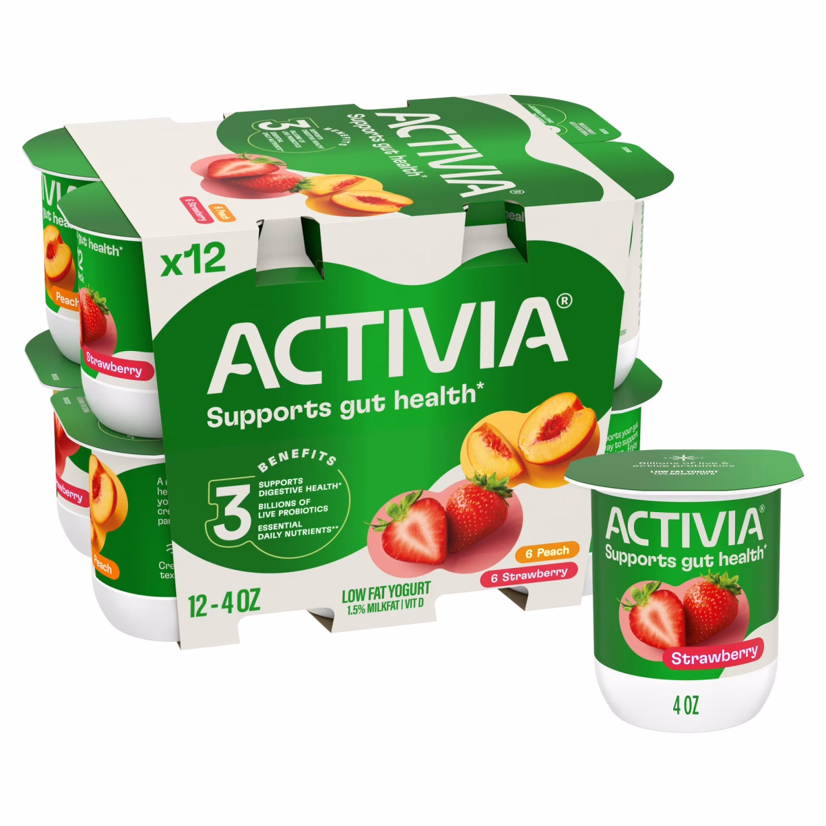 Activia Peach and Strawberry Low Fat Probiotic Yogurt Cups Variety Pack, Helps Support Gut Health, 4 oz, 12 Count