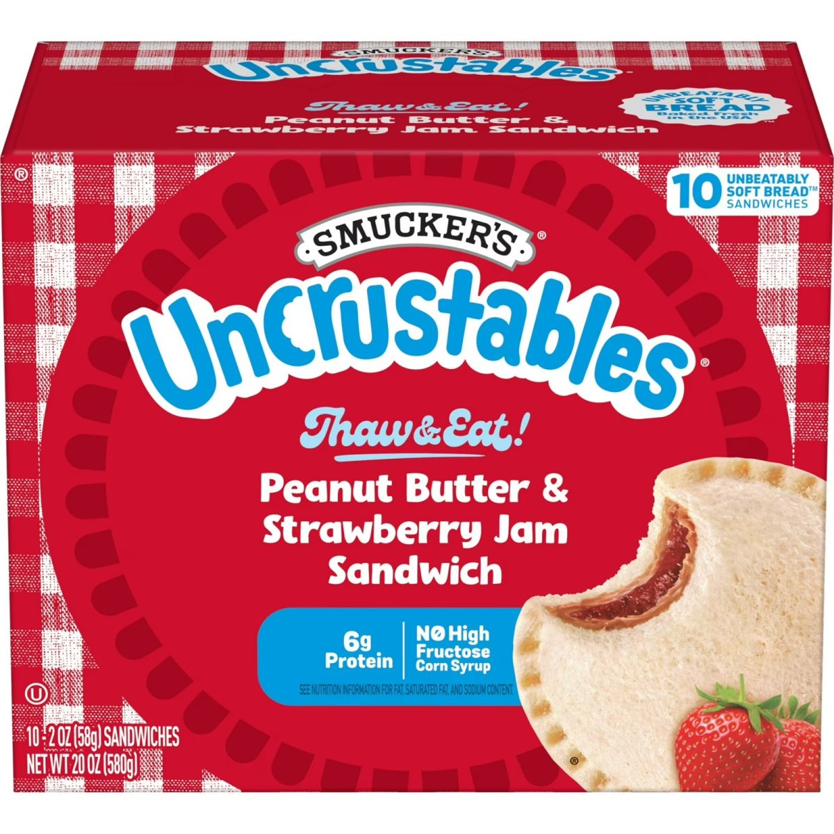 Smucker's Uncrustables Peanut Butter and Strawberry Jam Sandwiches, 10 Count, 2 oz Each, Frozen