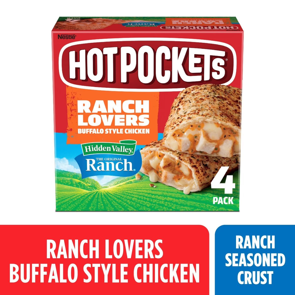 Hot Pockets Buffalo Ranch Lovers Chicken, Hidden Valley Ranch, Sandwich Snacks, 17 oz, 4 Pack (Frozen)